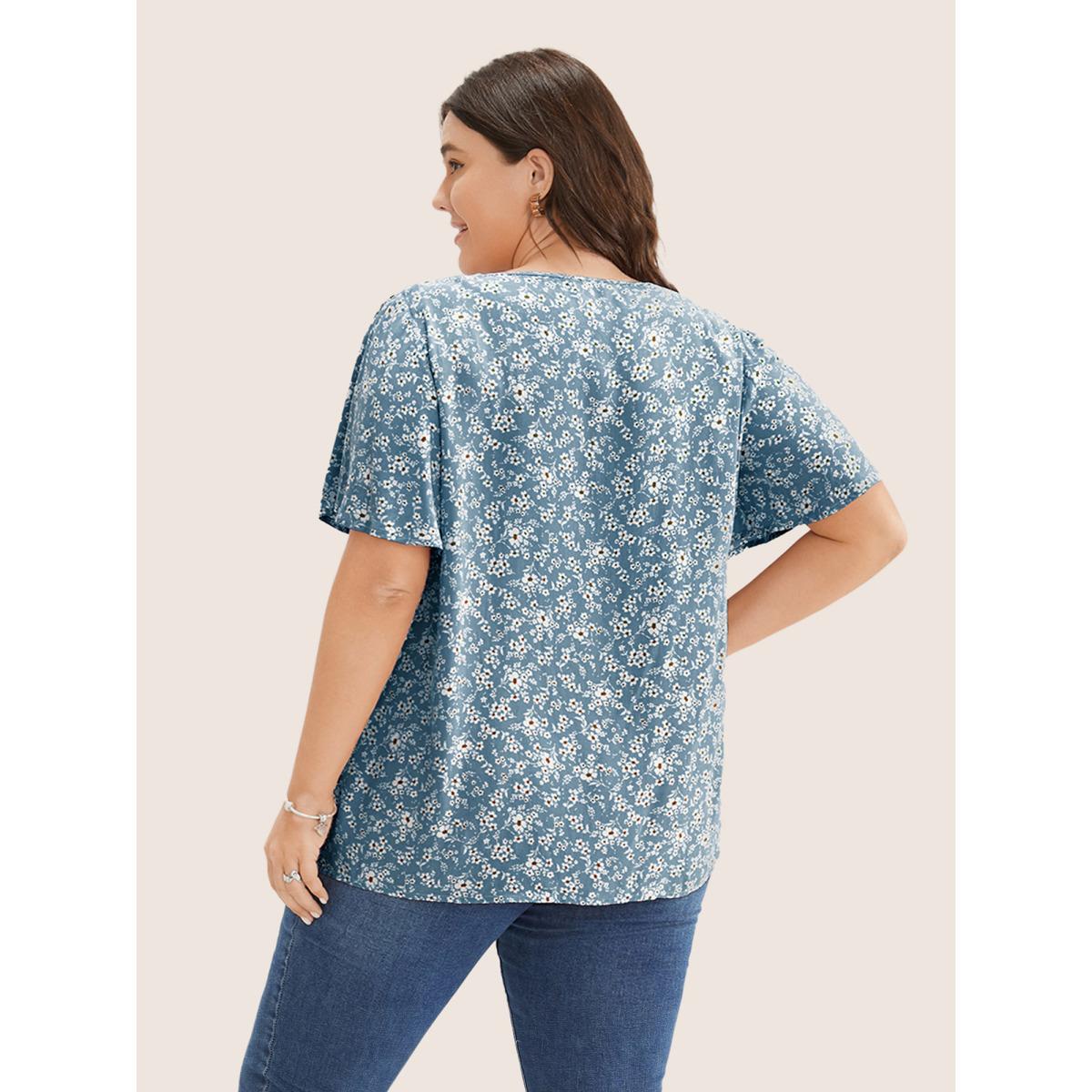 Plus Size Stone Ditsy Floral Contrast Ruffle Sleeve Button Detail Blouse Women Elegant Short sleeve Non Everyday Blouses BloomChic 18-20/2X Product Image