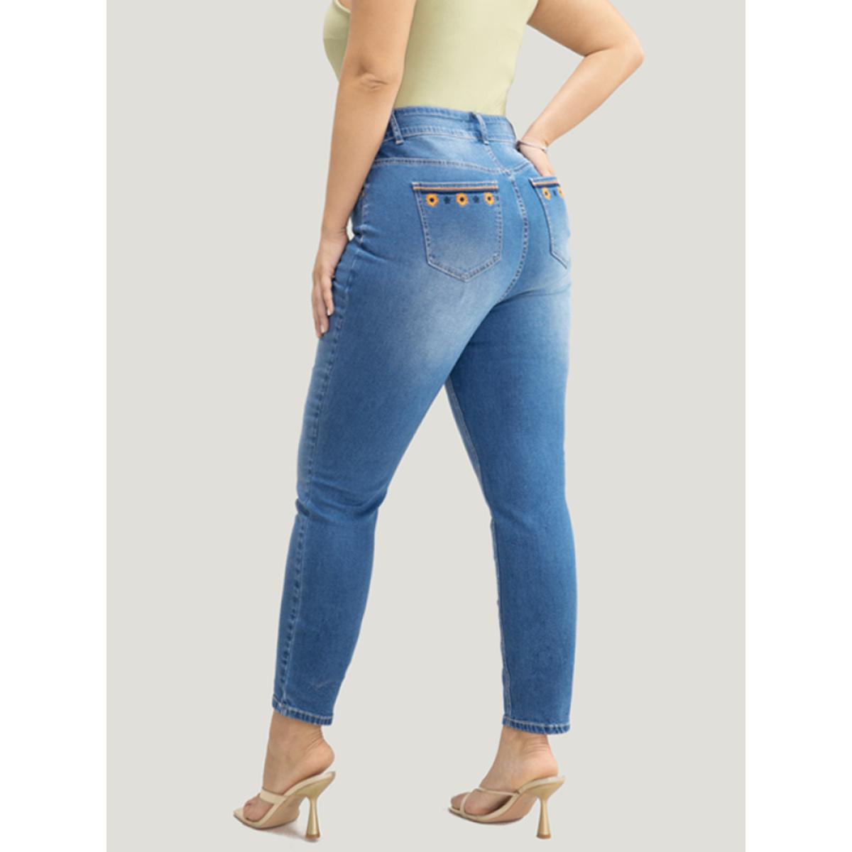 Plus Size Very Stretchy High Rise Medium Wash Floral Embroidered Jeans Women Indigo Casual Plain High stretch Pocket Jeans BloomChic 28/5X Product Image