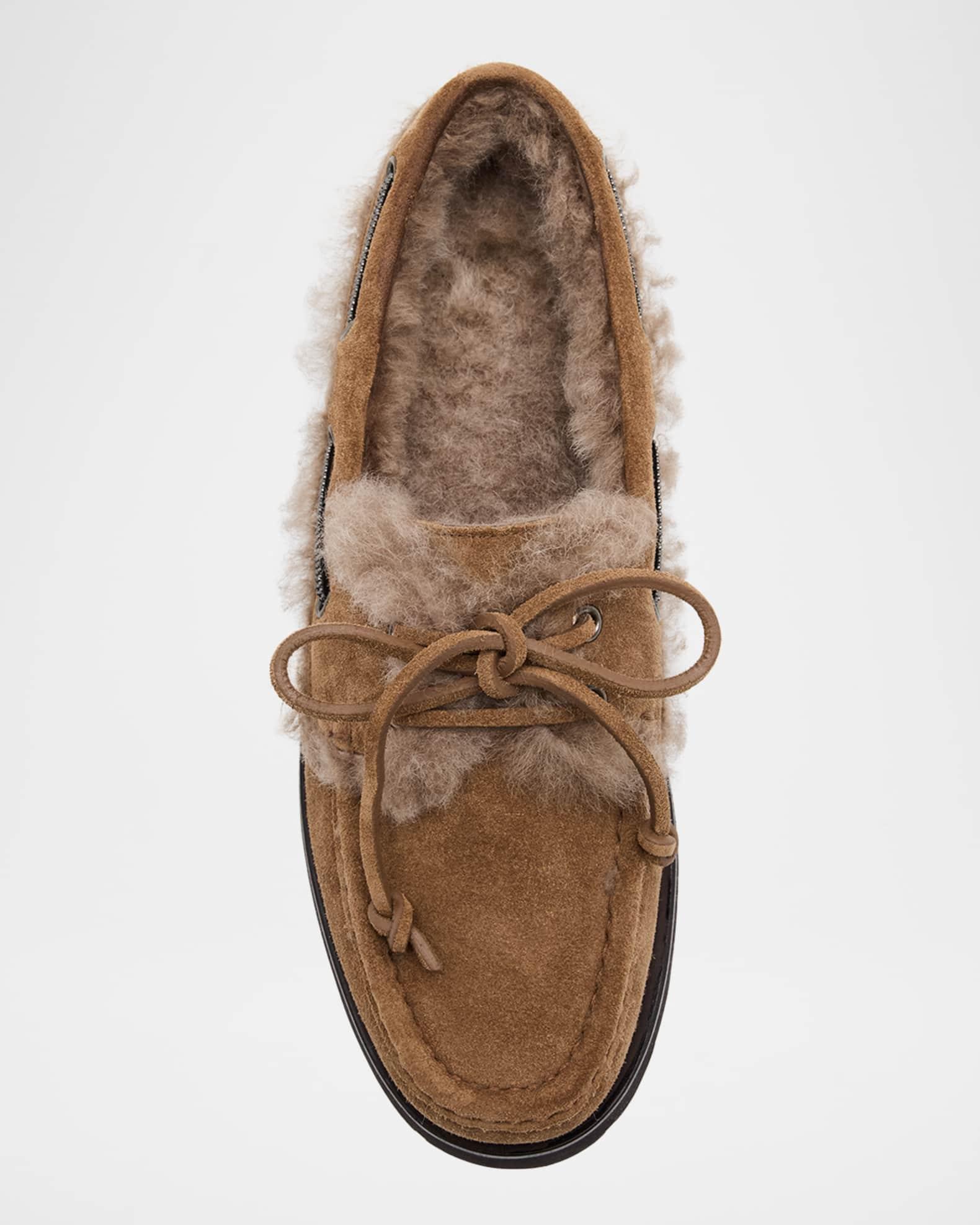 Monili Detail Shearling-Lined Suede Boat Shoes Product Image