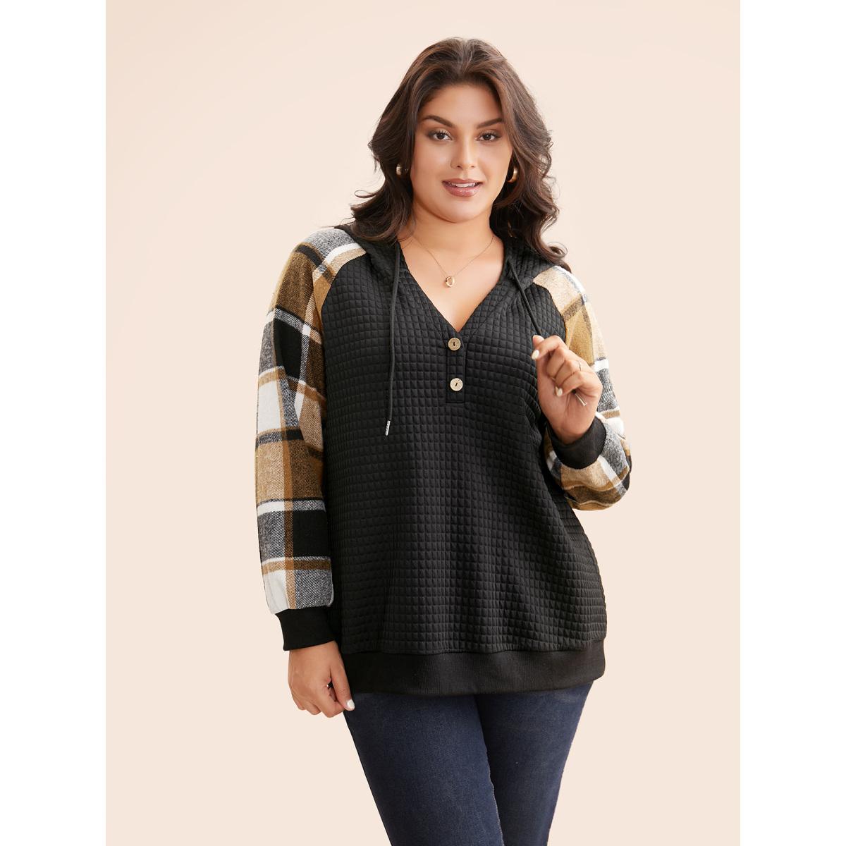 Plus Size Plaid Patchwork Hooded Raglan Sleeve Sweatshirt Women Black Casual Texture Hooded Everyday Sweatshirts BloomChic 18-20/2X Product Image