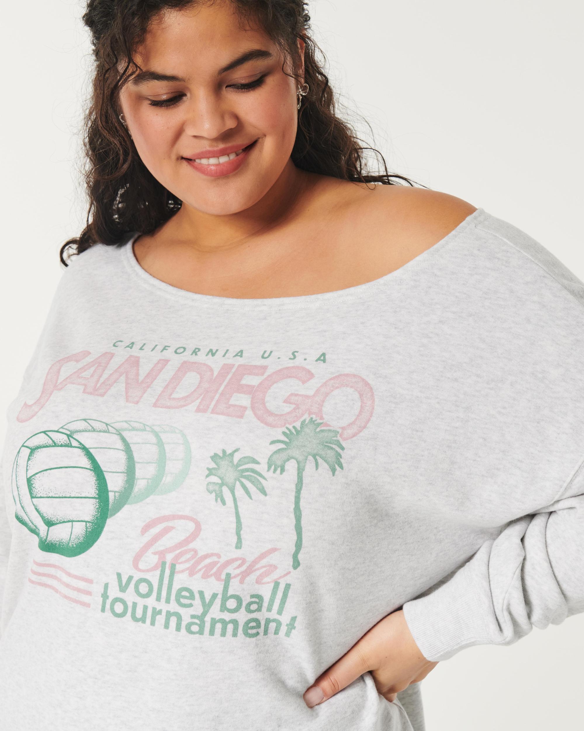 Oversized Off-the-Shoulder Volleyball Graphic Sweatshirt Product Image