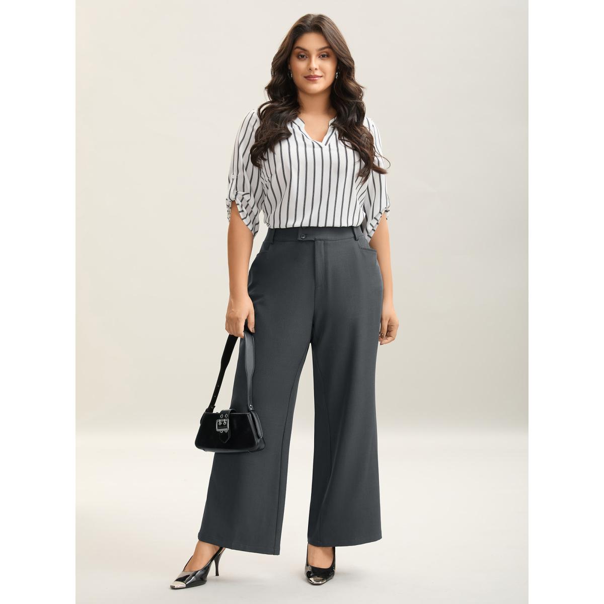 Plus Size Overlap Waist Buckles Classic Bootcut Pants Women DimGray At the Office Bootcut Mid Rise Office Pants BloomChic 28/5X Product Image
