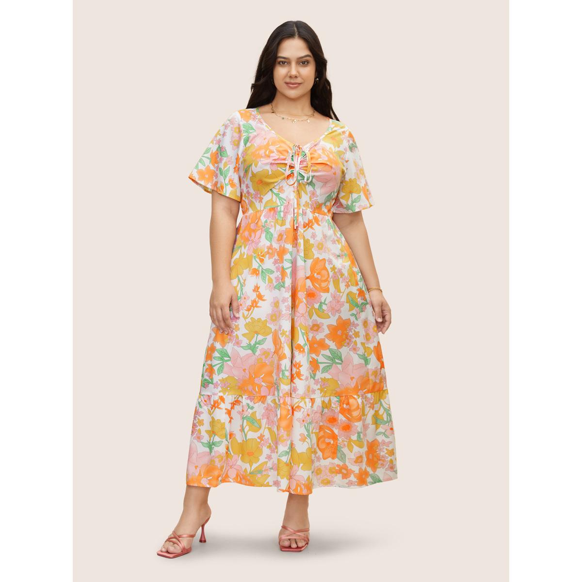 Plus Size V Neck Floral Drawstring Maxi Dress Multicolor Women Elegant Drawstring V-neck Short sleeve Curvy BloomChic 12/L Product Image