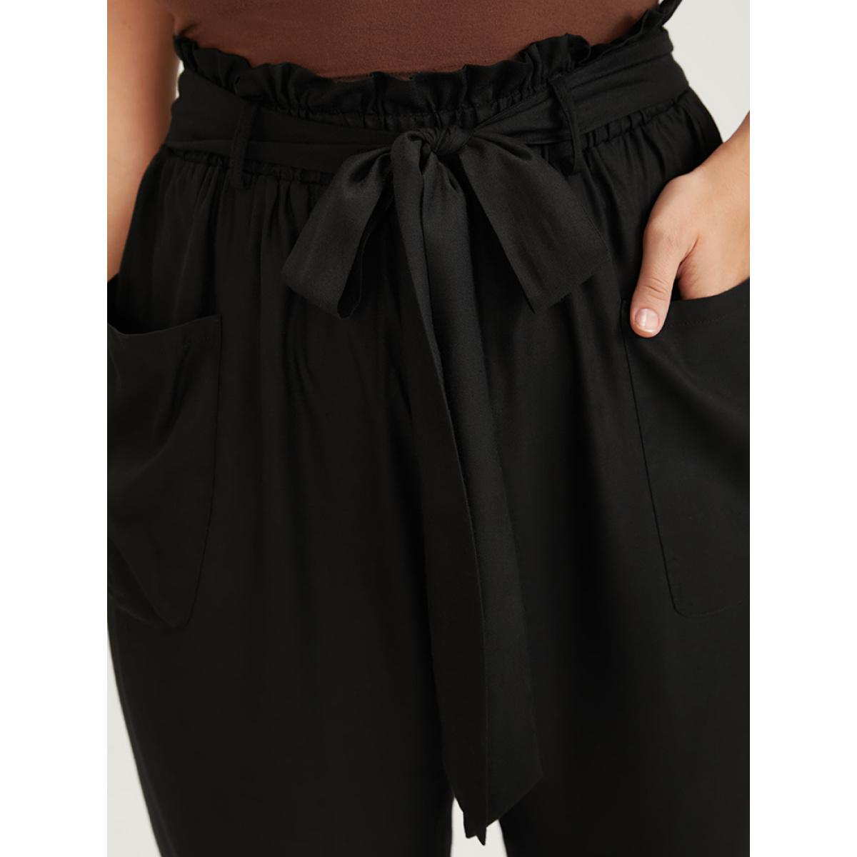 Plus Size Solid Pocket Front Paperbag Waist Belted Pants Women Black Casual High Rise Dailywear Pants BloomChic 10/M Product Image