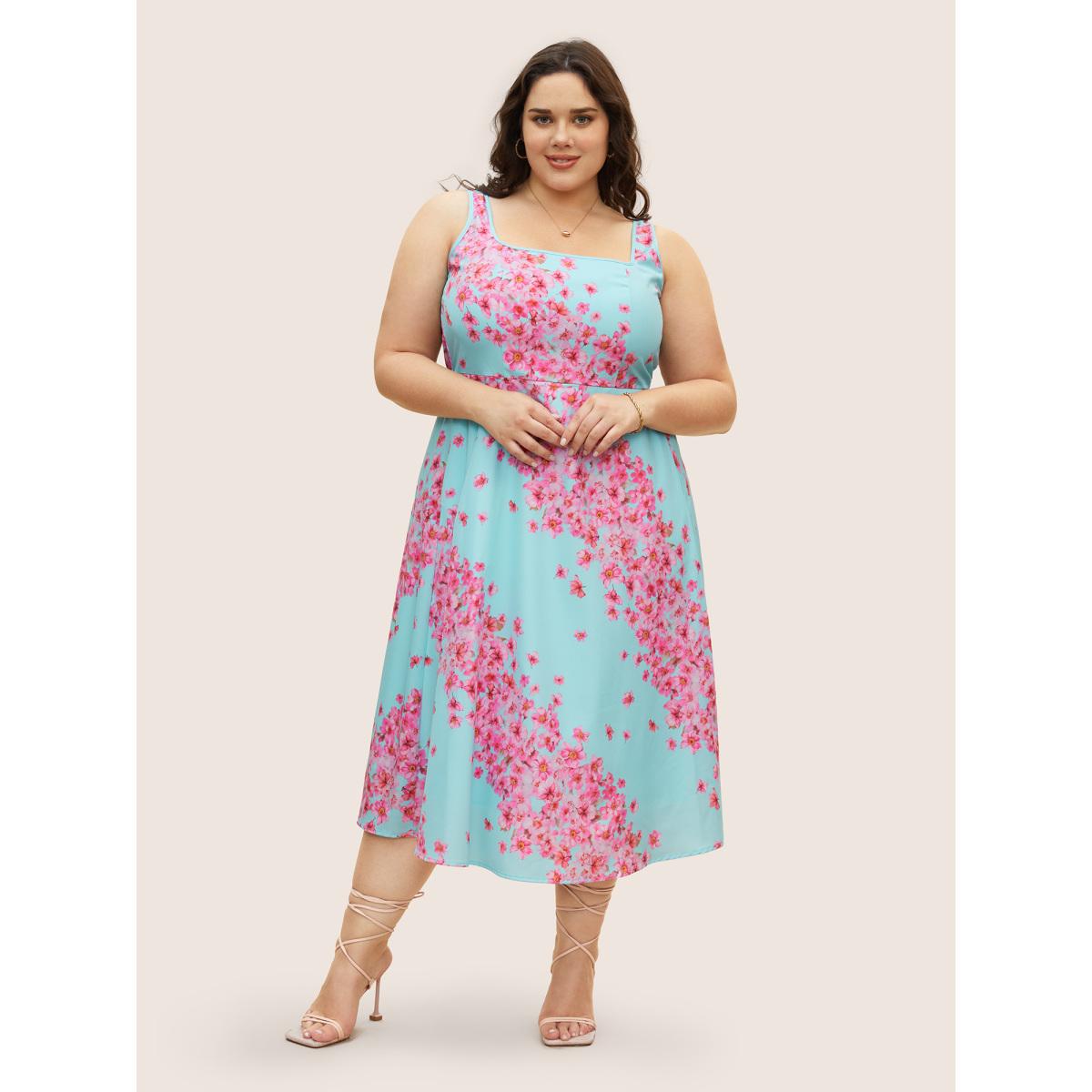 Plus Size Boho Print Square Neck Elastic Waist Dress Skyblue Women Elegant Square Neck Sleeveless Curvy BloomChic 14-16/1X Product Image