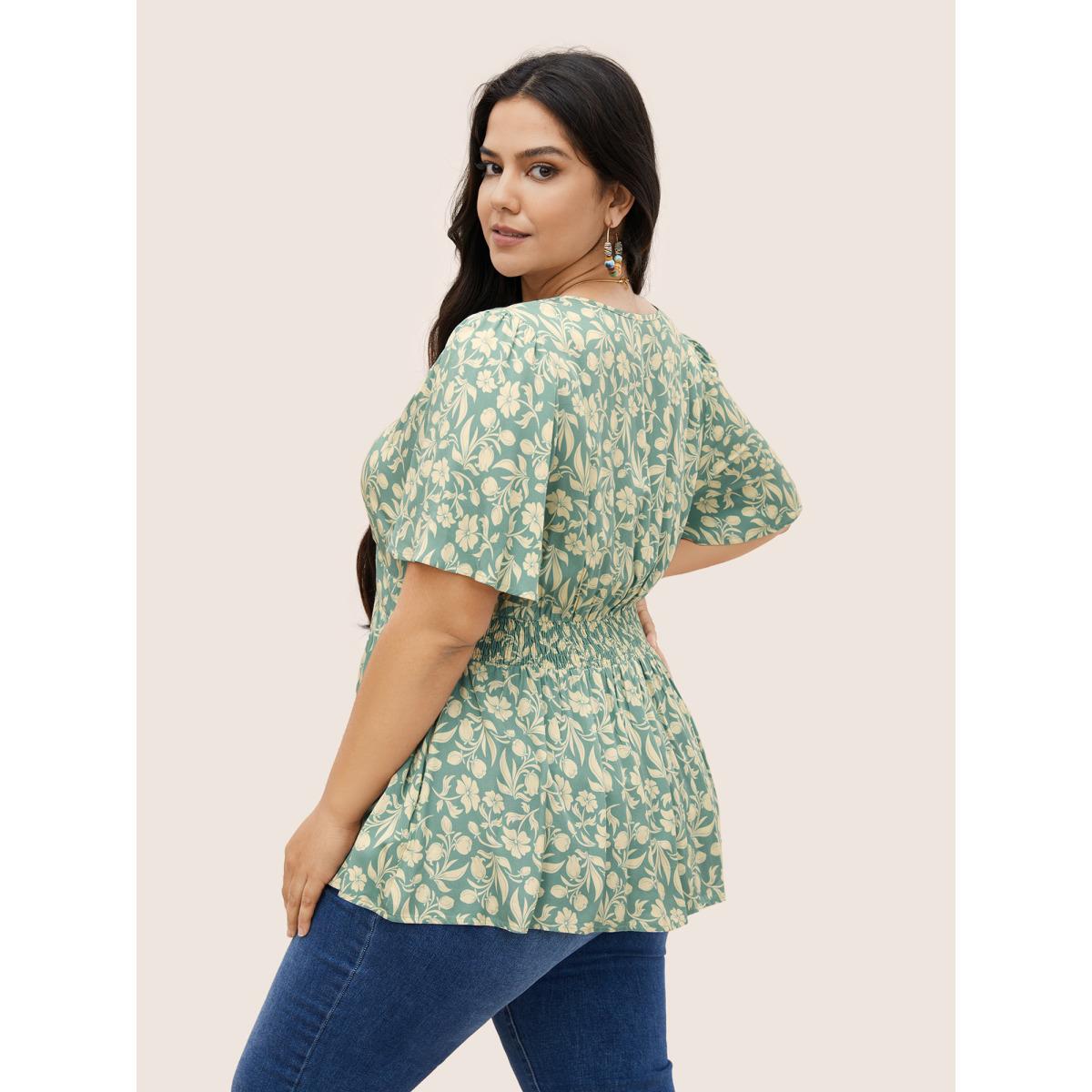 Plus Size Turquoise Floral Gathered Button Detail Flutter Sleeve Blouse Women Resort Short sleeve V-neck Vacation Blouses BloomChic 14-16/1X Product Image