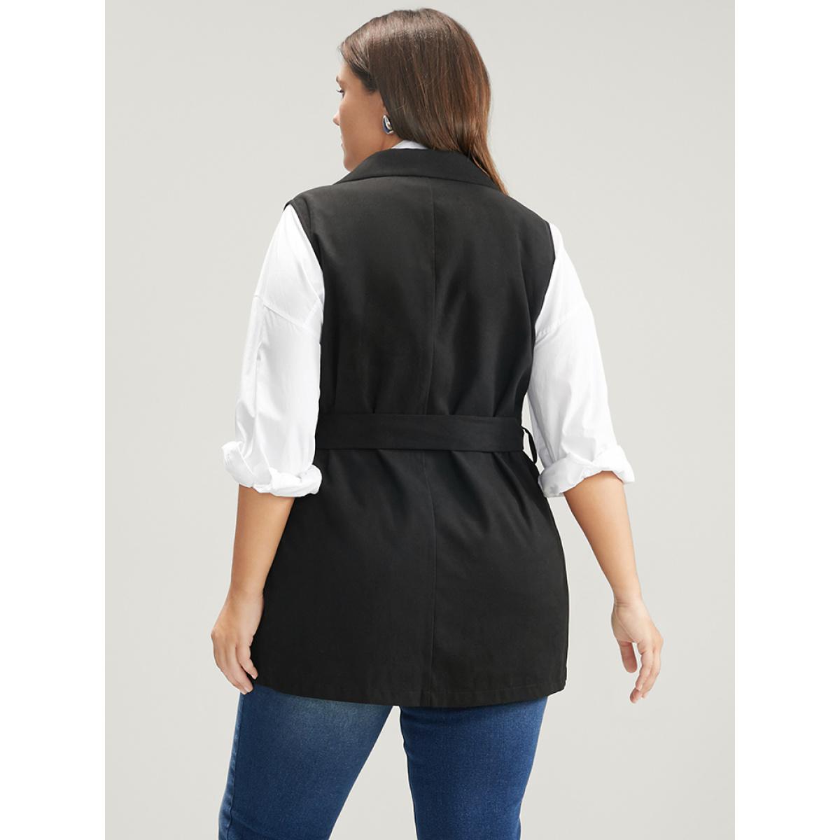 Plus Size Solid Flap Pocket Sleeveless Belt Blazer Black Women Work Plain Belted Sleeveless Sleeveless Lapel Collar 10/M Pocket Belt Office Blazers BloomChic Product Image