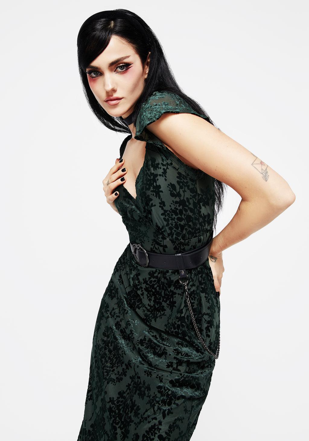 Avalon Floral Flocked Velour Frill Sleeve Midaxi Dress Product Image