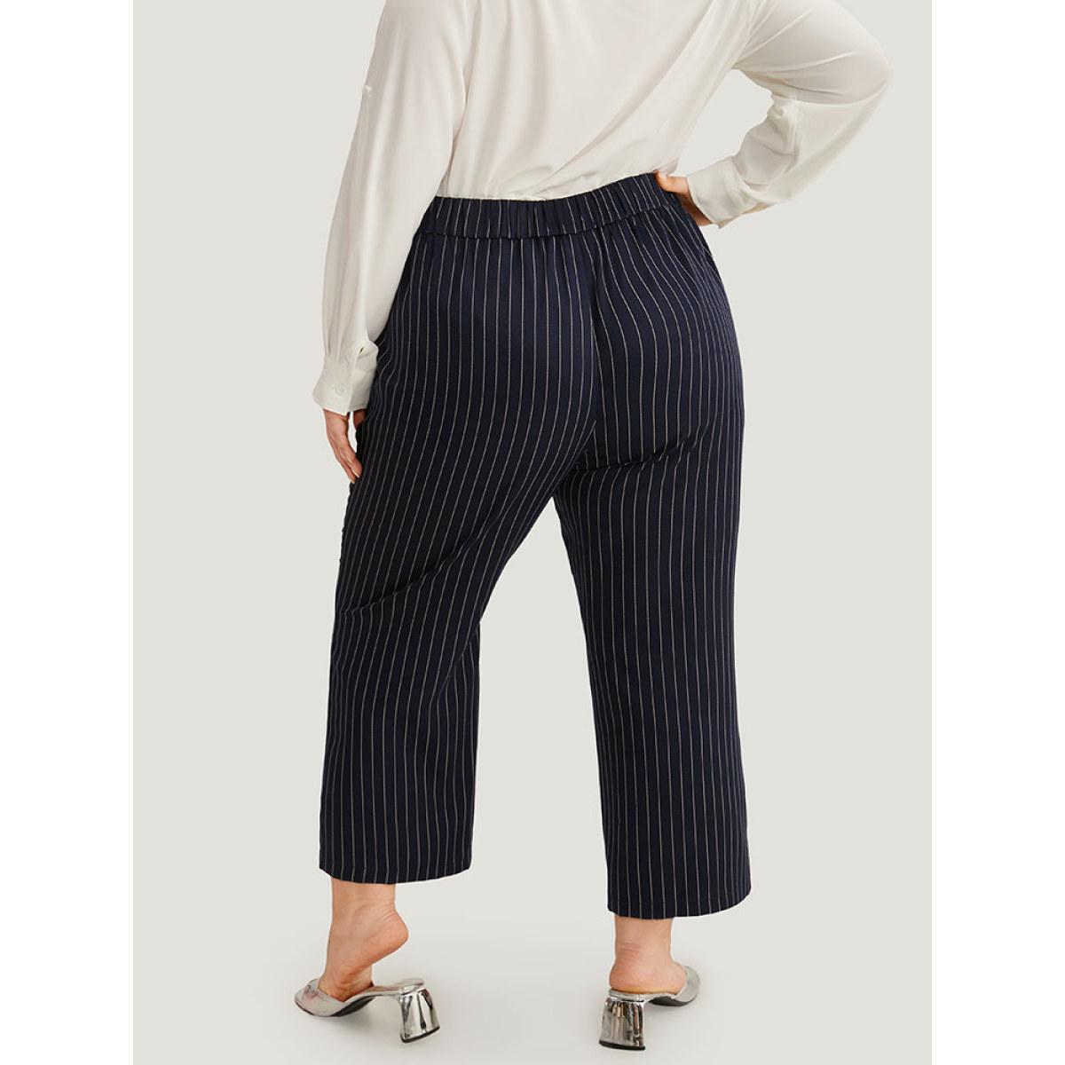 Plus Size Striped Mid Rise Buckle Detail Pants Women DarkBlue Office Straight Leg Mid Rise Work Pants BloomChic 22-24/3X Product Image