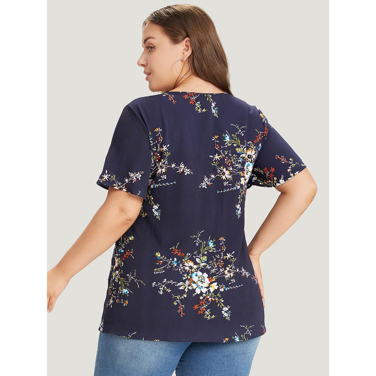 Plus Size Blue Floral Print Knot Neck Blouse Women Elegant Short sleeve Tie Neck Dailywear Blouses BloomChic 10/M Product Image