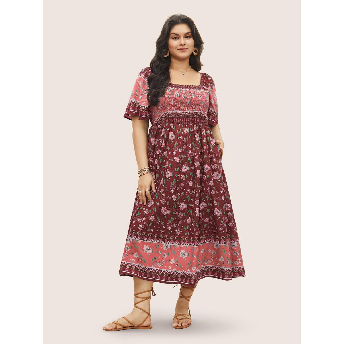 Plus Size Ditsy Floral Shirred Patchwork Ruffle Sleeve Dress Russet Women Resort Shirred Square Neck Short sleeve Curvy Midi Dress BloomChic 22-24/3X Product Image