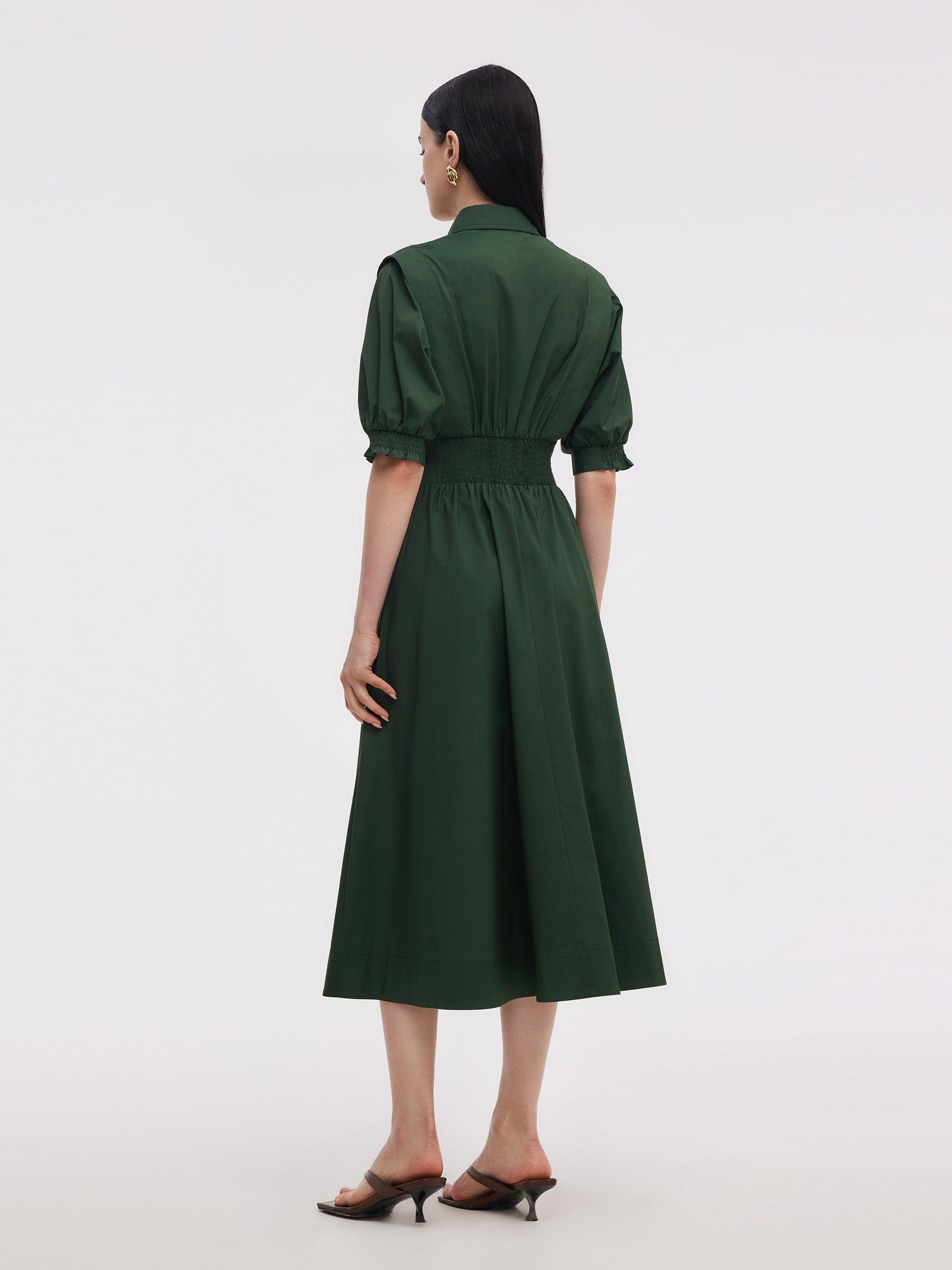 Dark Green Gathered Waist Women Maxi Shirt Dress Product Image
