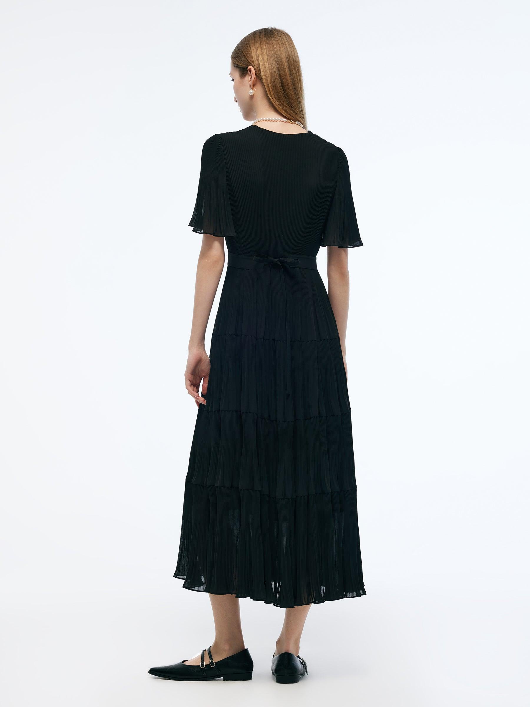 Pleated V-Neck Women A-Line Tie Belt Maxi Dress Product Image