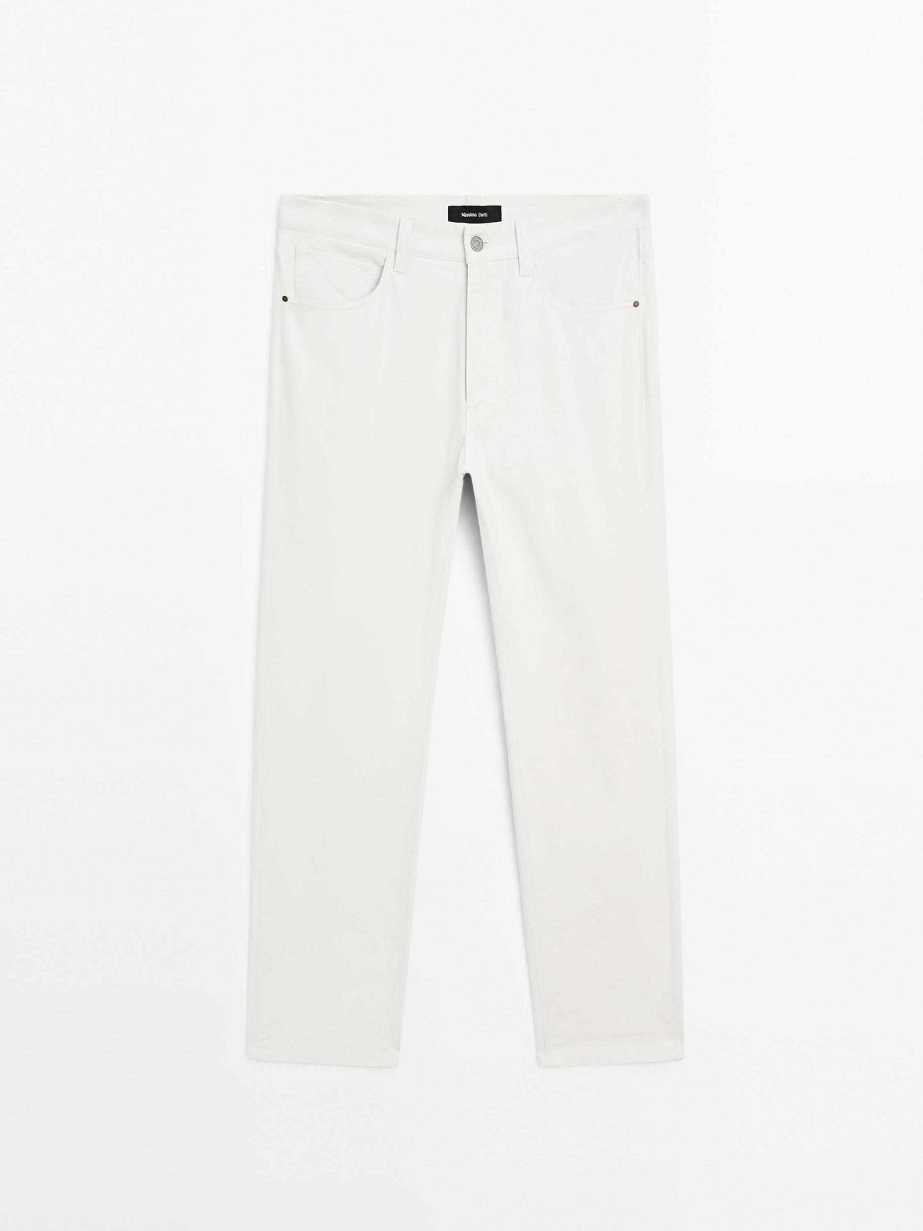 Lightweight tapered fit denim-effect trousers Product Image