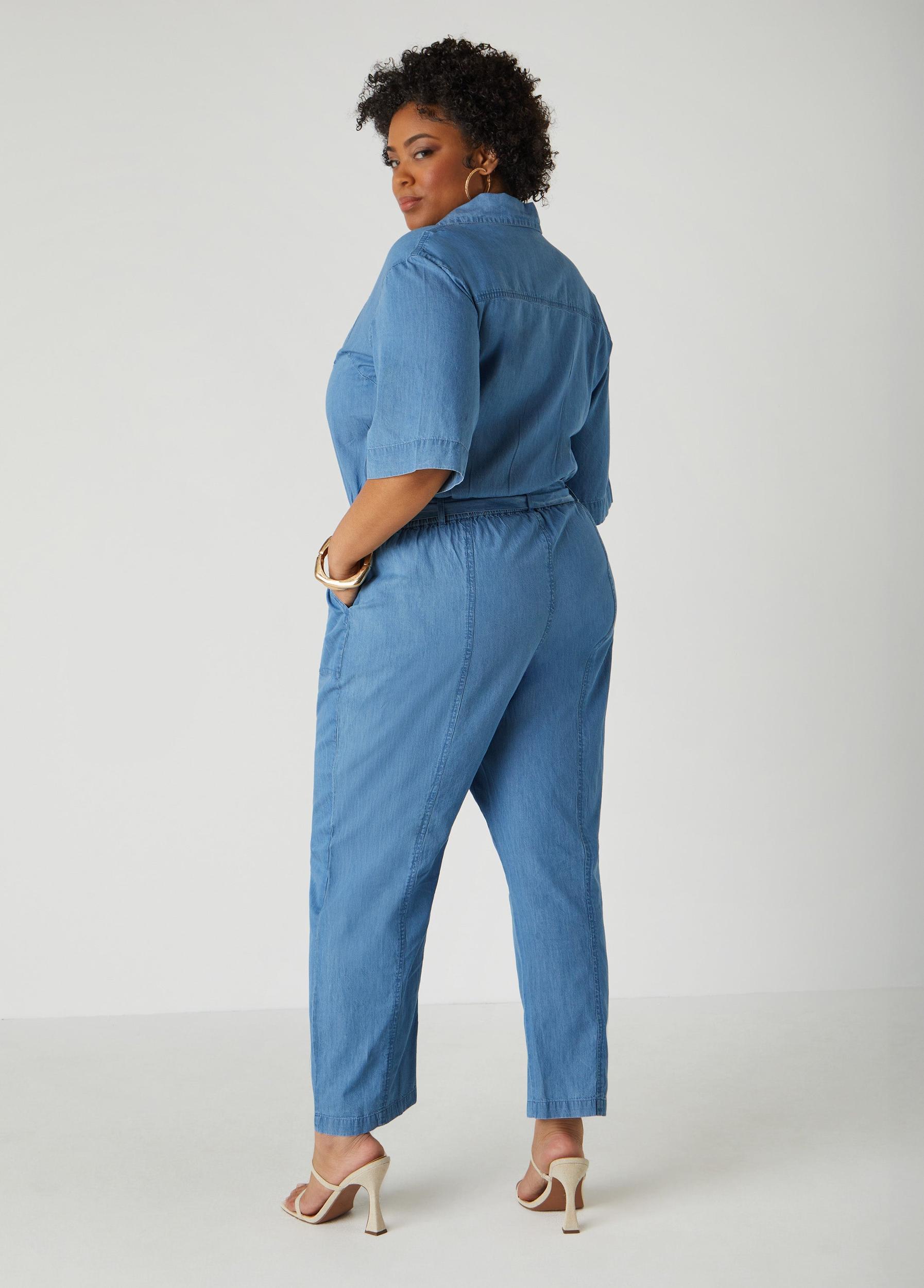 Plus Size Belted Chambray Jumpsuit Ashley Stewart Product Image