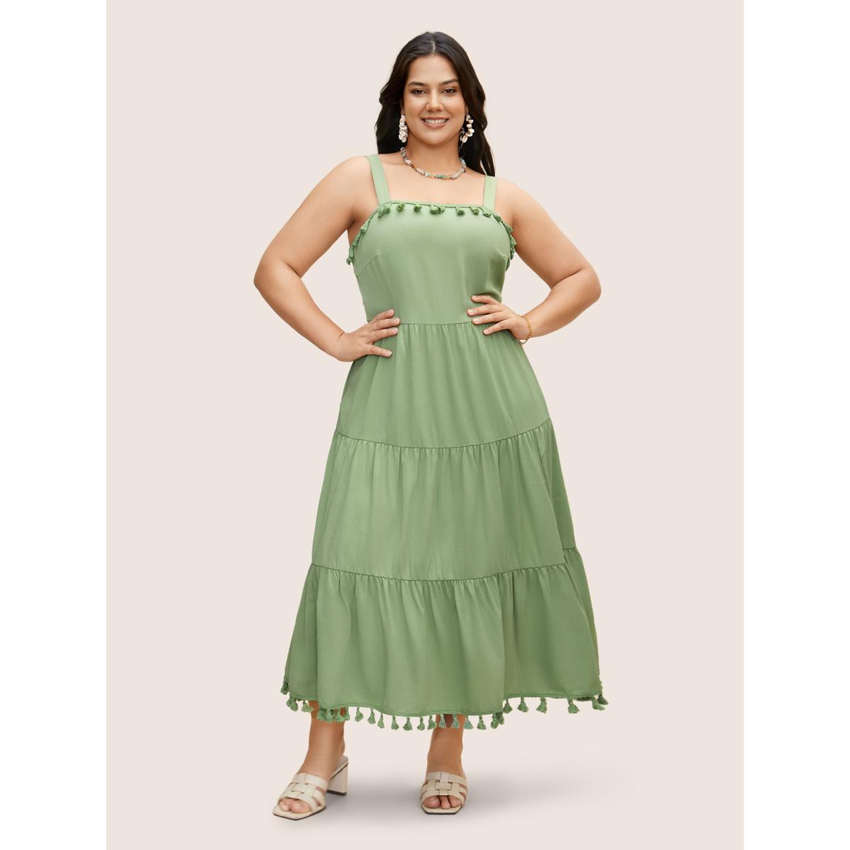 Plus Size Solid Ruffle Layered Hem Tassel Trim Dress Palemauve Women Resort Tassels Non Sleeveless Curvy BloomChic 12/L Product Image