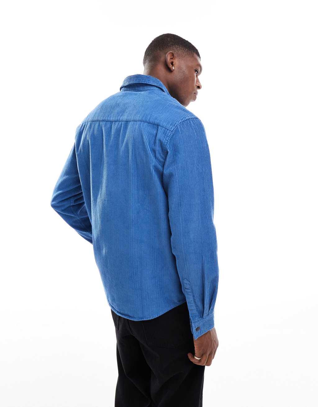 ASOS DESIGN boxy cord overshirt in blue with badge detail Product Image