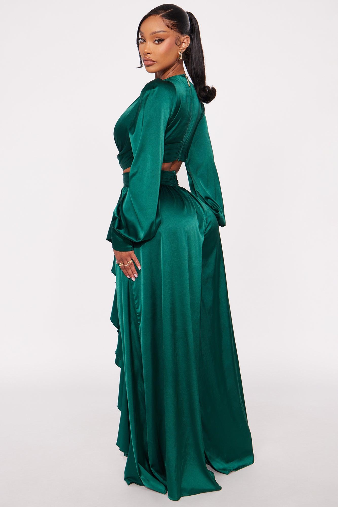 Show Stopper Satin Long Sleeve Jumpsuit - Emerald Female Product Image