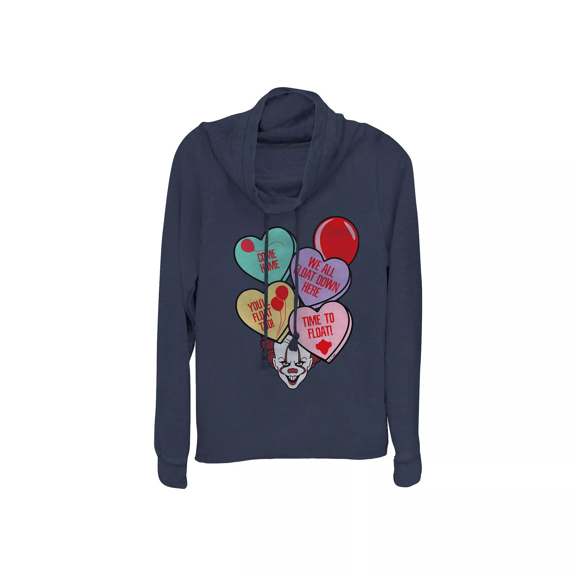 Womens IT Spooky Valentines Day Candy Hearts Cowlneck Graphic Lightweight Long Sleeve Blue Product Image