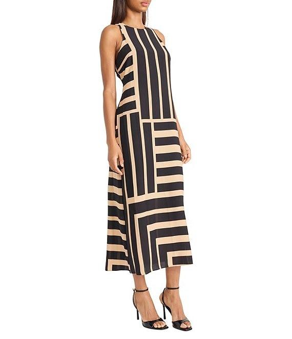 Donna Morgan Printed Stretch High Round Neck Sleeveless Midi Dress Product Image
