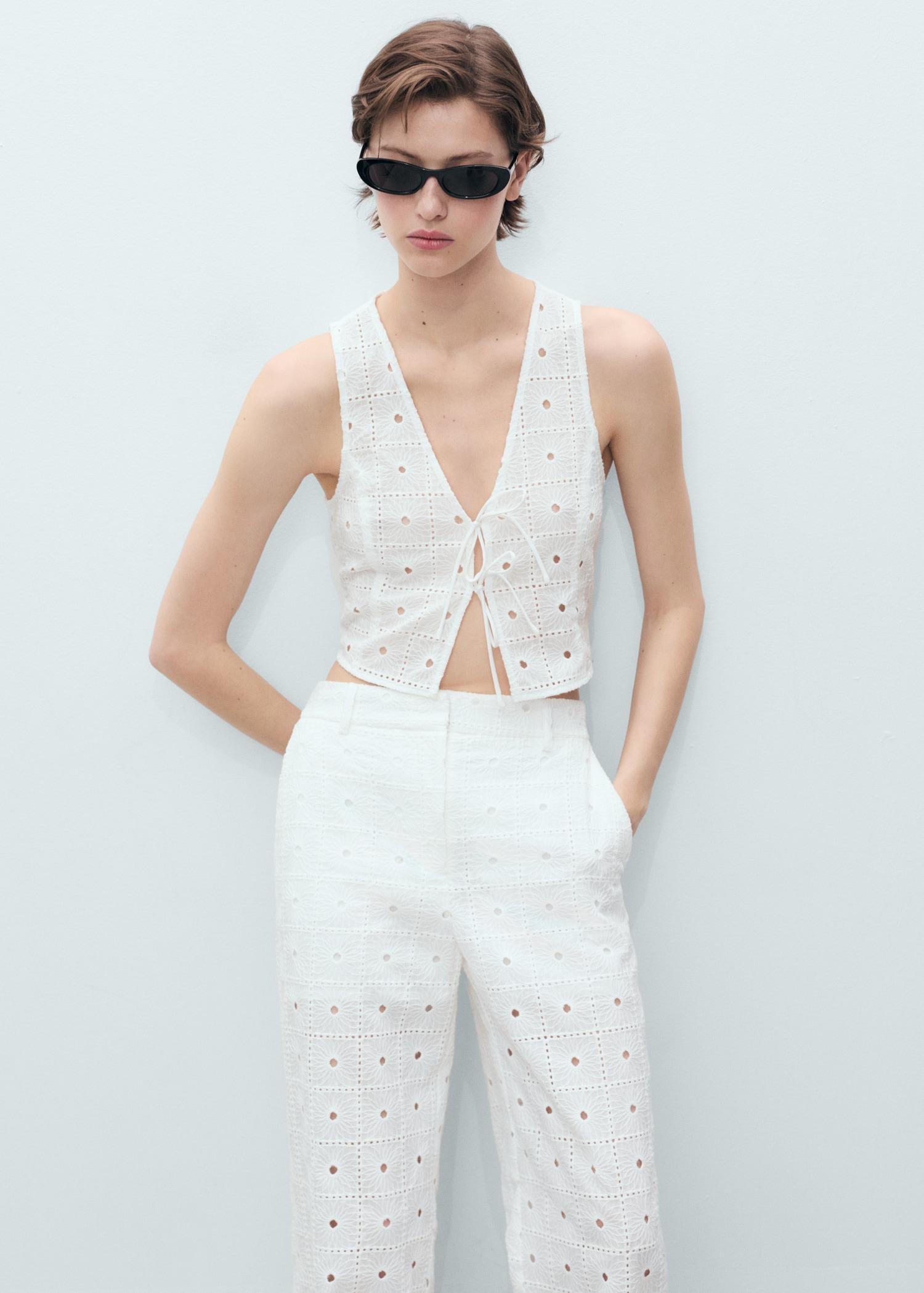 Straight-fit embroidered cotton pants - Women | MANGO USA Product Image