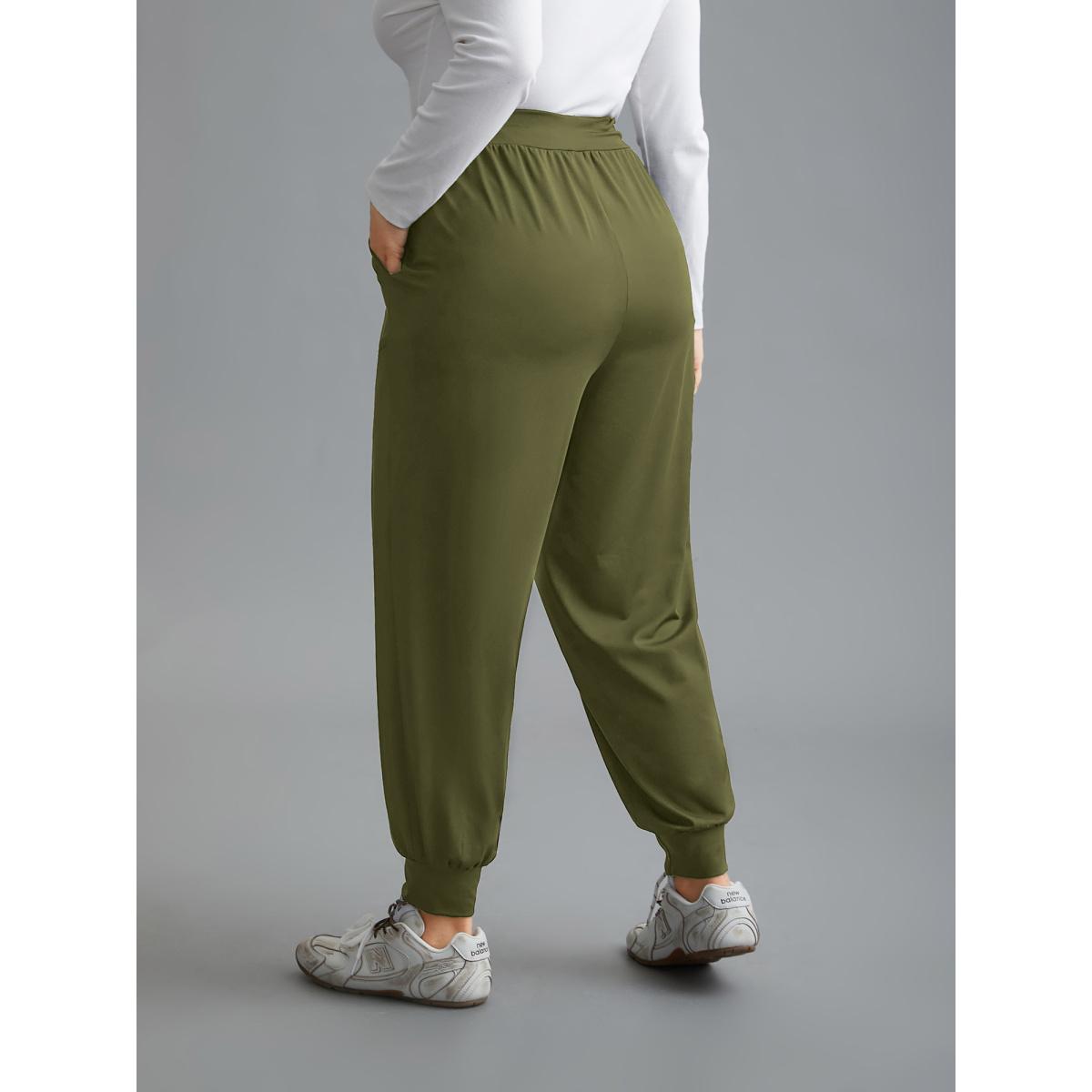 Plus Size Elastic Waist Mid-Rise Yoga Jogger Pants Women ArmyGreen Casual Mid Rise Everyday Pants BloomChic 10/M Product Image