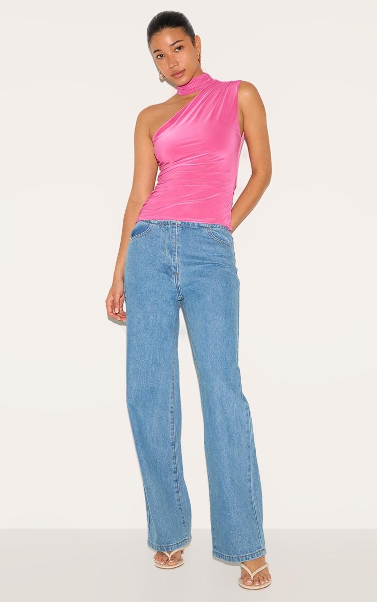 Fuchsia Double Layer Neck Detail Ruched Detail Long Top Product Image