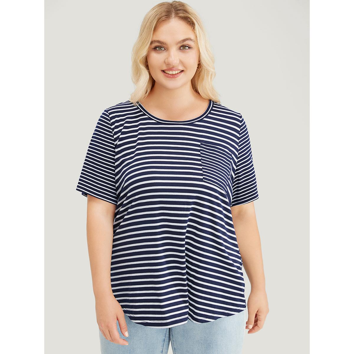 Plus Size Striped Print Crew Neck Pocket T-shirt Navy Women Casual Striped Round Neck Dailywear T-shirts BloomChic 28/5X Product Image