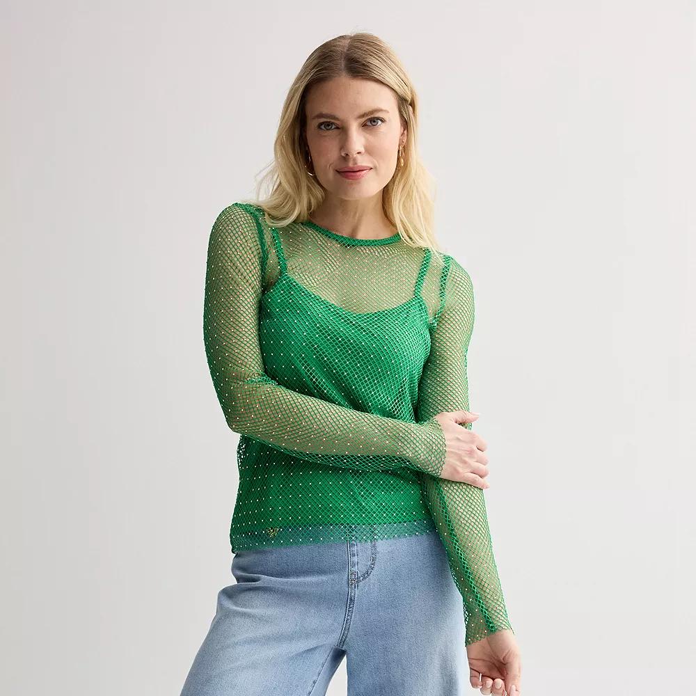 Women's INTEMPO™ Rhinestone Mesh Top, Size: Small, Green Product Image