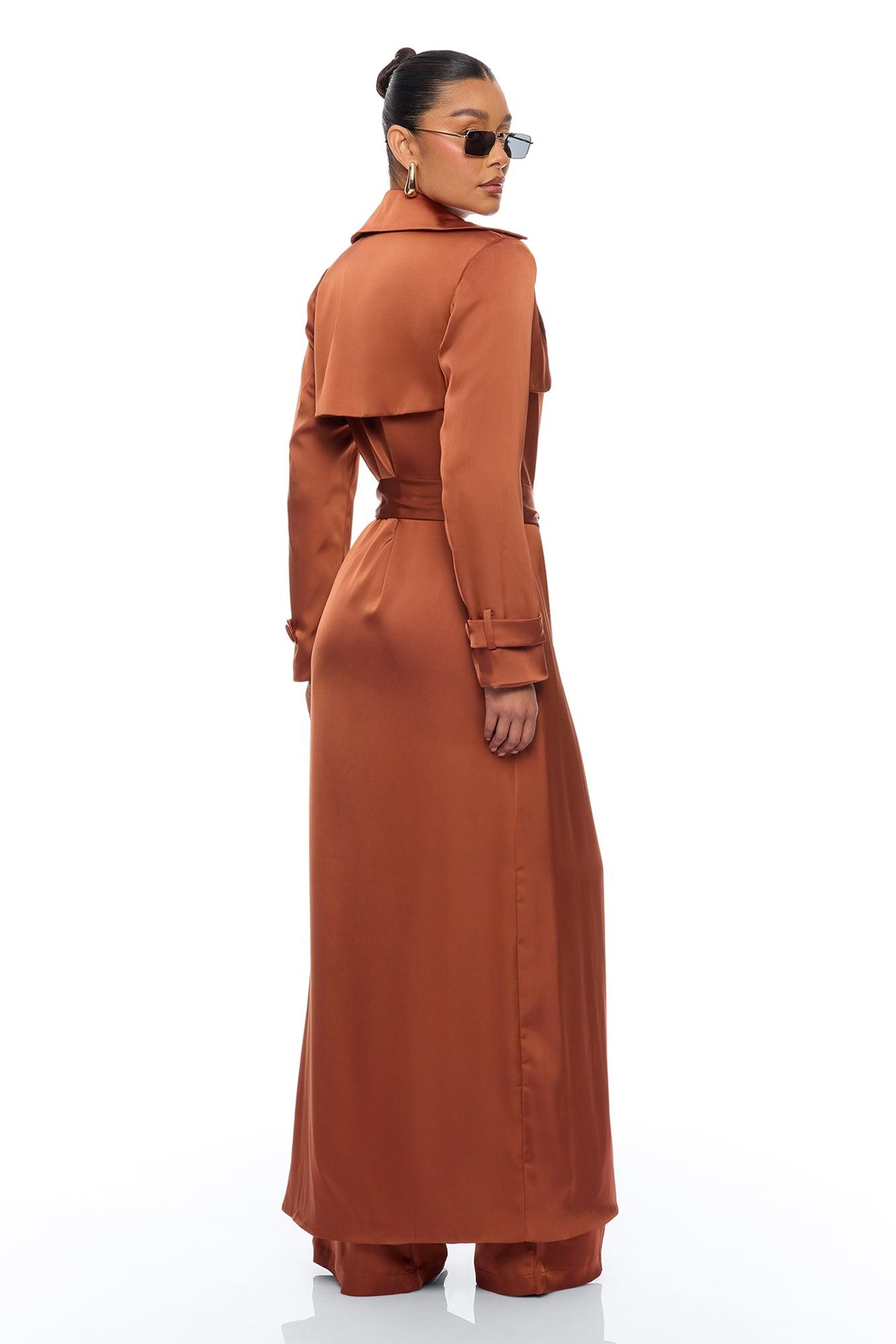 Gabriella Satin Trench Coat And Pant Set - Bronze Female Product Image