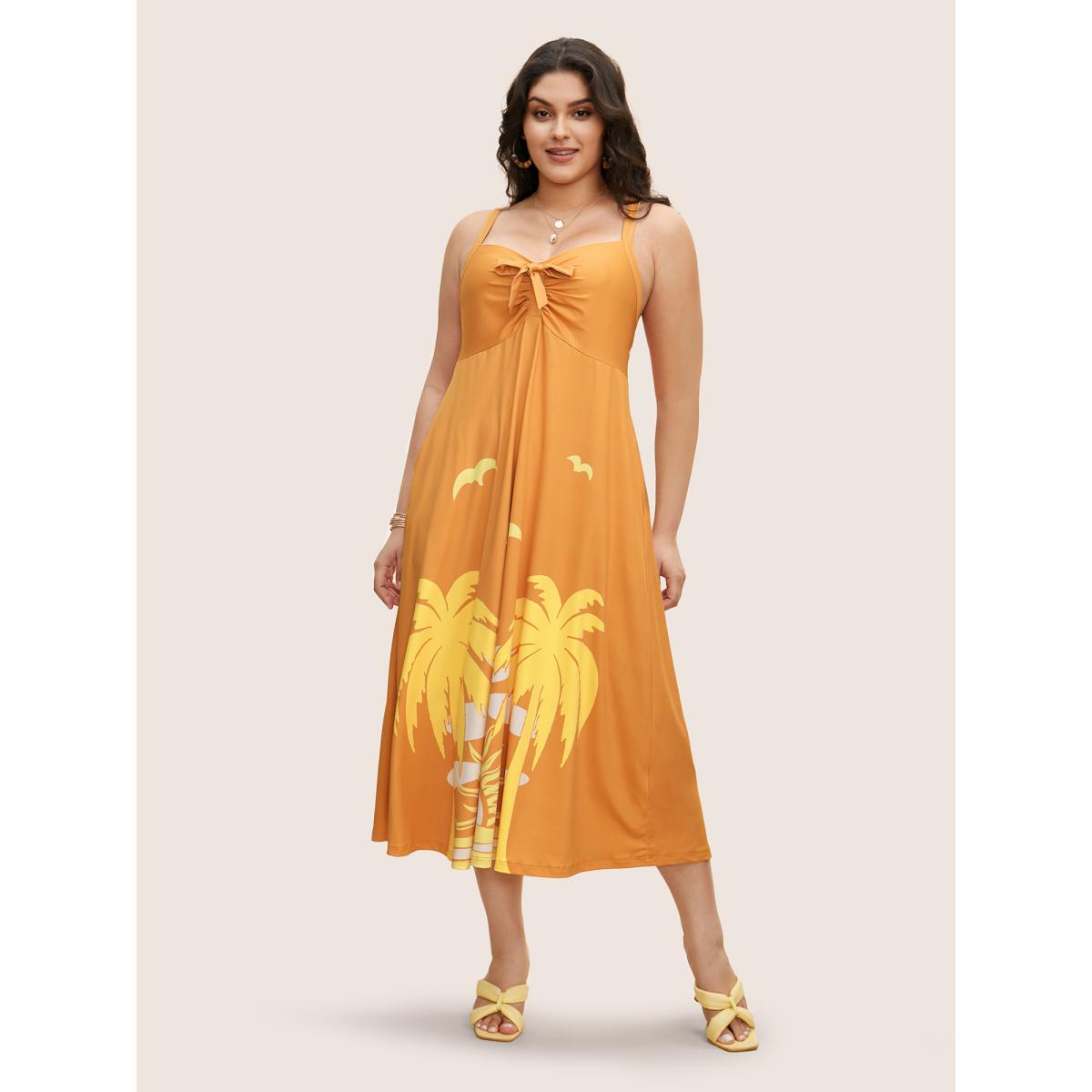 Plus Size Heart Neckline Tropical Print Tie Knot Midi Dress Turmeric Women Resort Tie knot Heart neckline Sleeveless Curvy BloomChic 28/5X Product Image