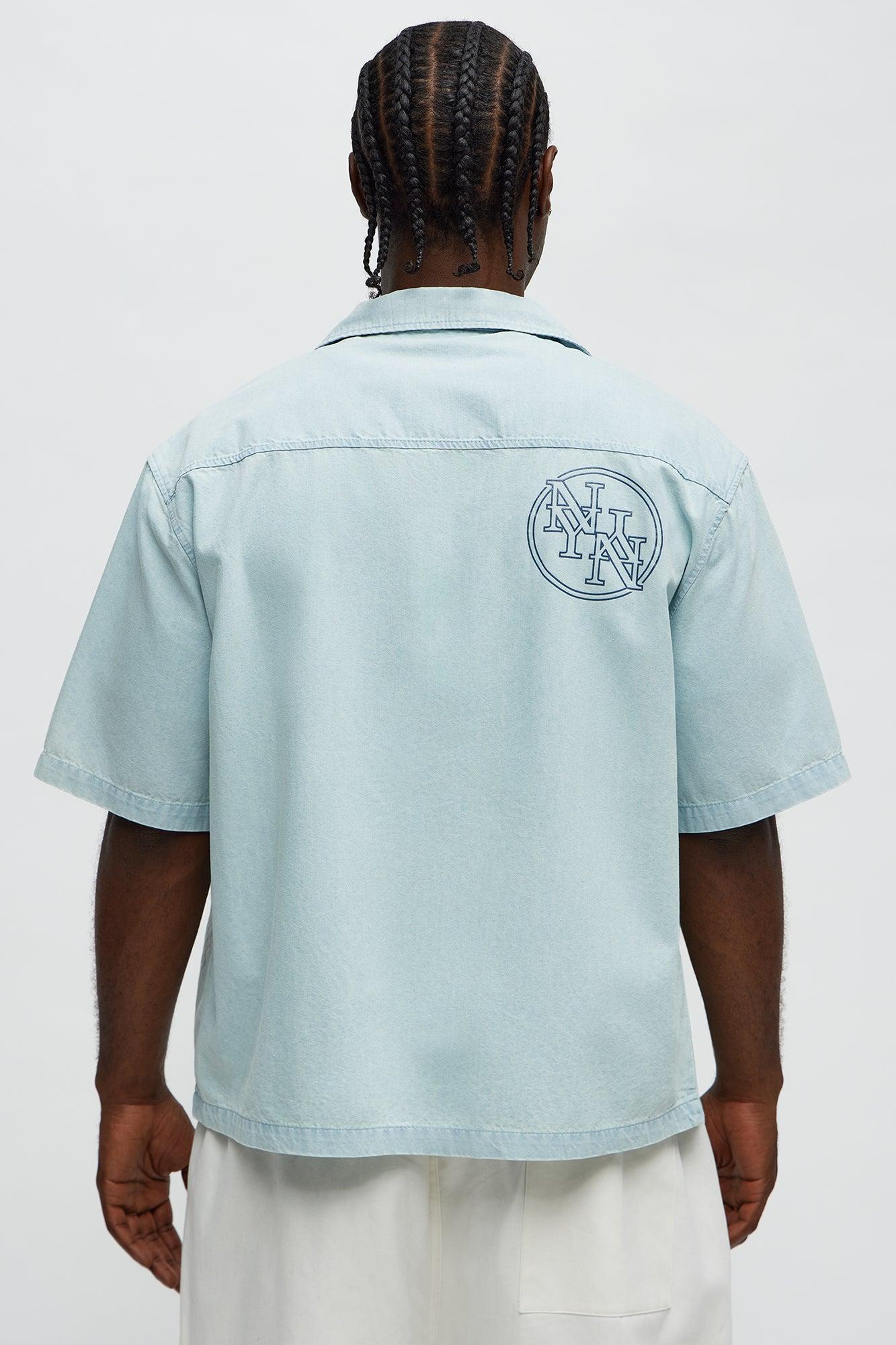 Denim Cuban Collar Button Up Shirt - Light Blue Wash Male Product Image