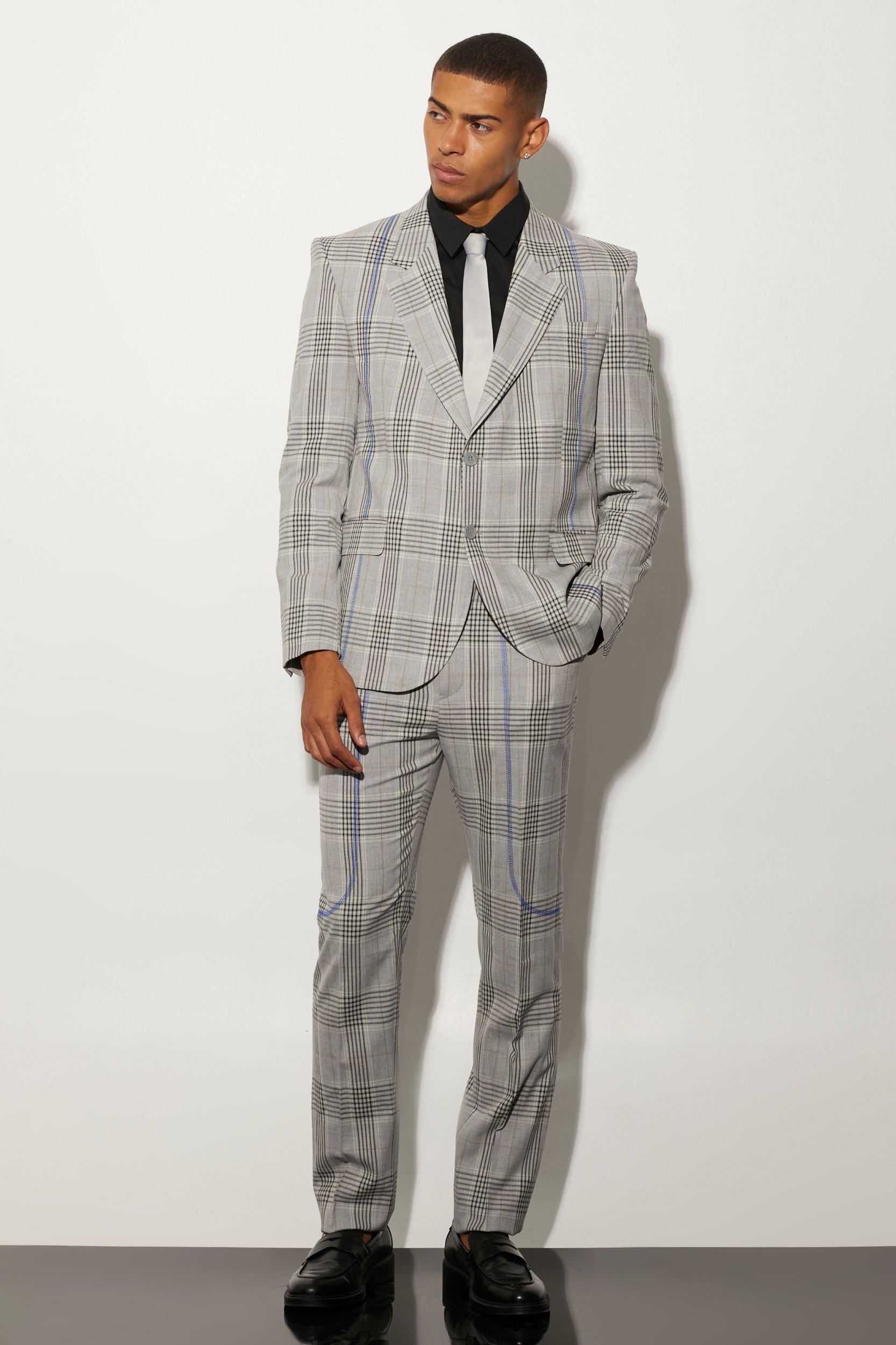 Oversized Boxy Plaid Contrast Stitch Jacket | boohooMAN USA Product Image