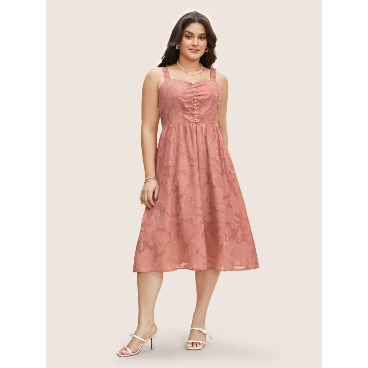 Plus Size Textured Mesh Pearl Beaded Ruched Pocket Dress DustyPink Women Elegant Texture Square Neck Sleeveless Curvy BloomChic 28/5X Product Image