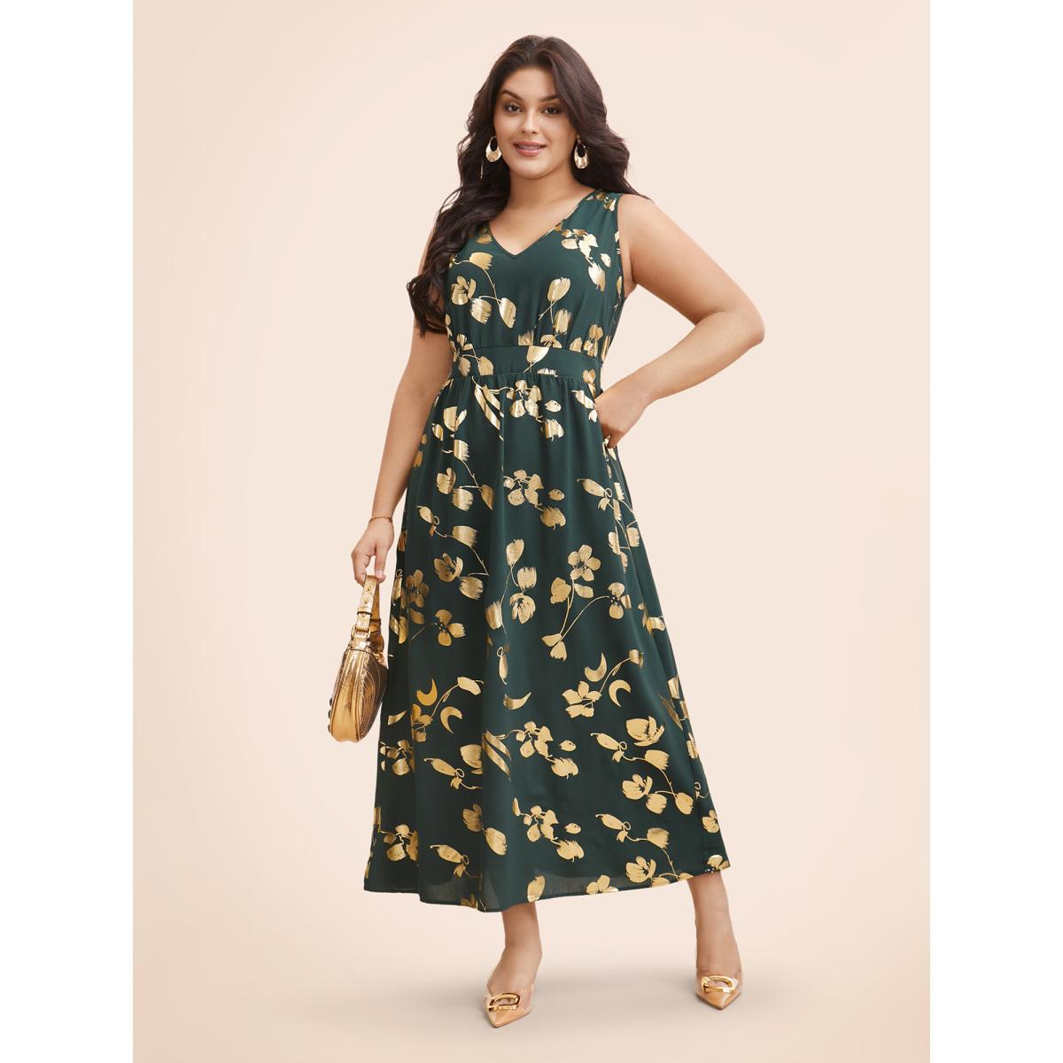 Plus Size Glitter Floral Sleeveless Maxi Dress DarkGreen Women Cocktail Texture V-neck Sleeveless Curvy BloomChic 22-24/3X Product Image