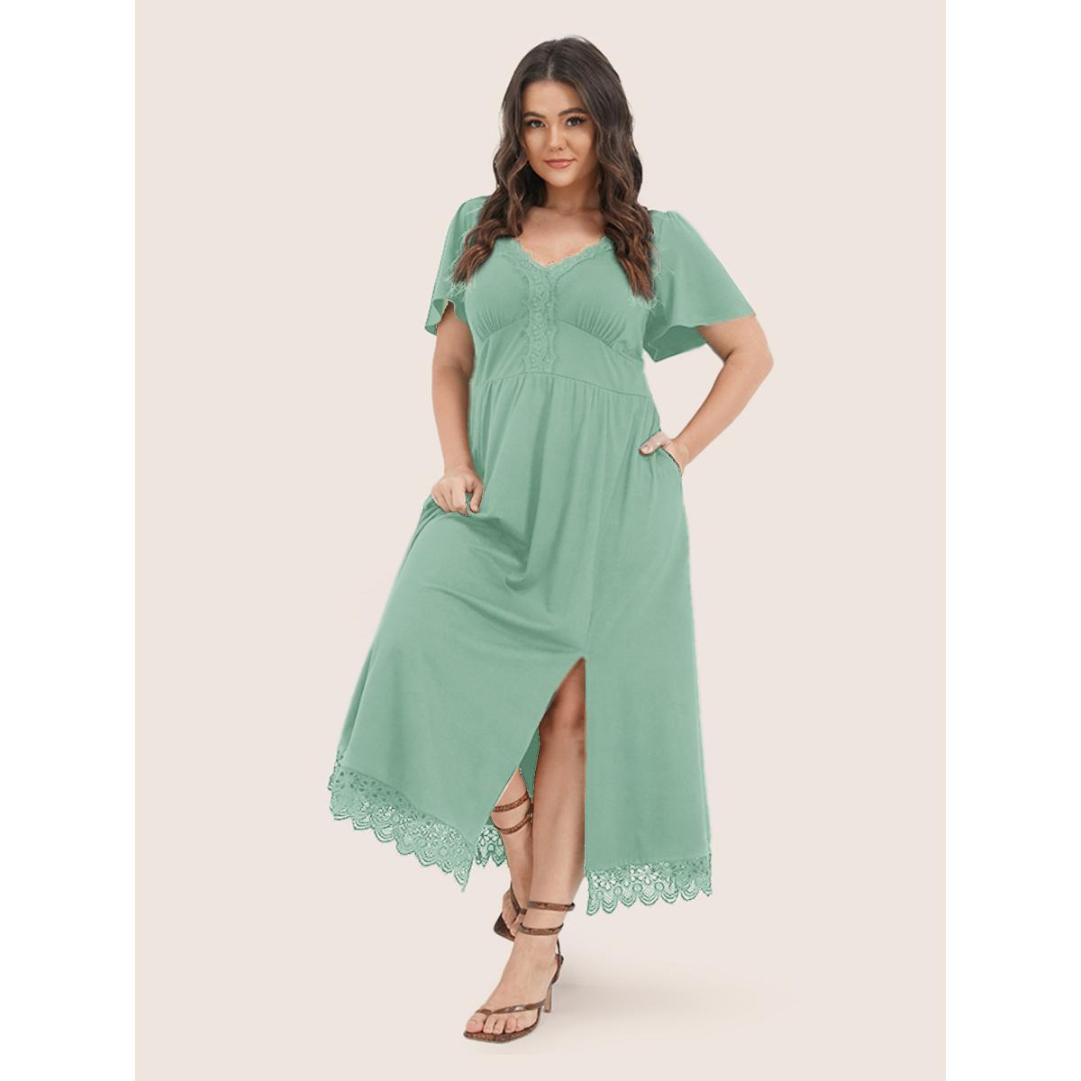 Plus Size Solid Pocket Contrast Lace Split Maxi Dress Sage Women Elegant Patchwork V-neck Short sleeve Curvy Long Dress BloomChic 10/M Product Image