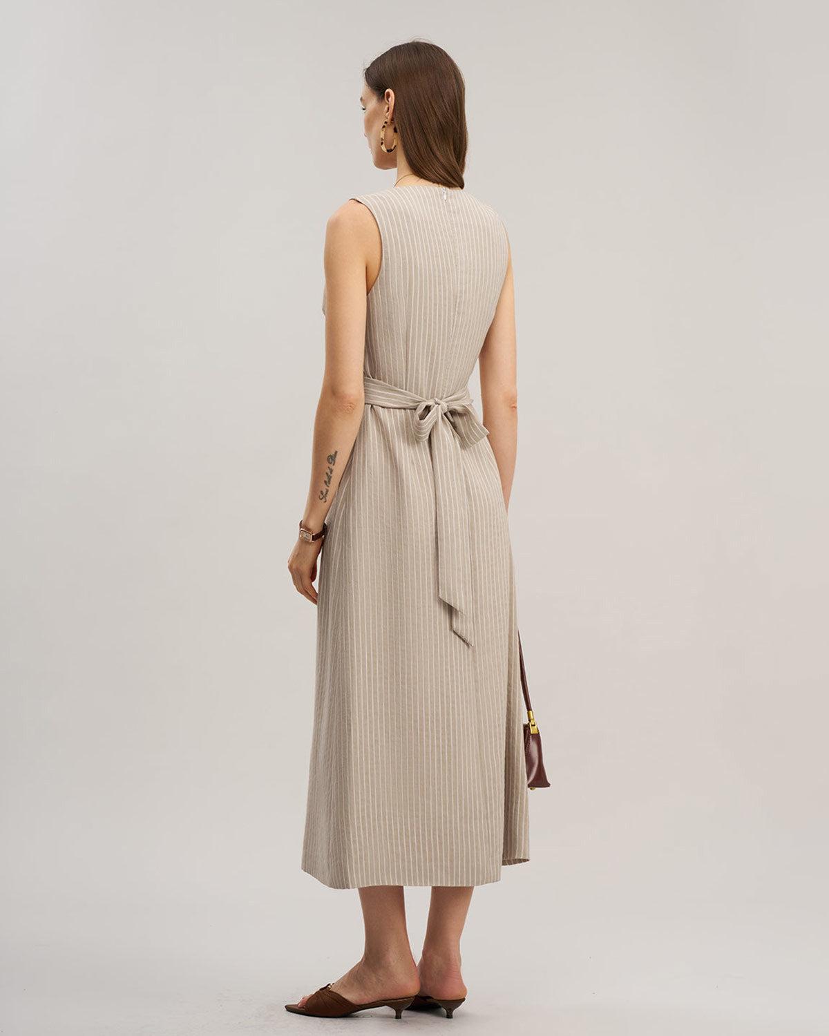 Khaki Striped V-Neck Sleeveless Maxi Dress Product Image