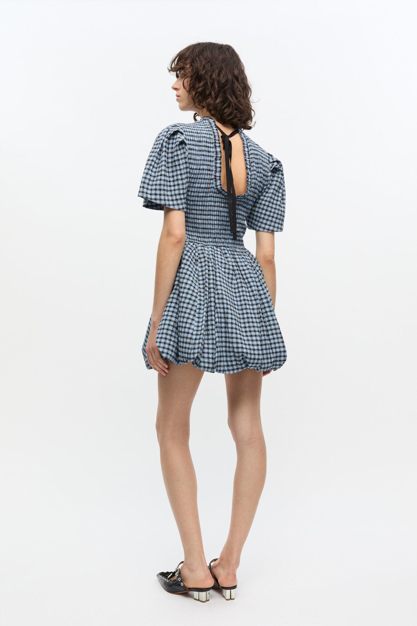 Blue Seersucker Check Mini Smock Dress Product Image