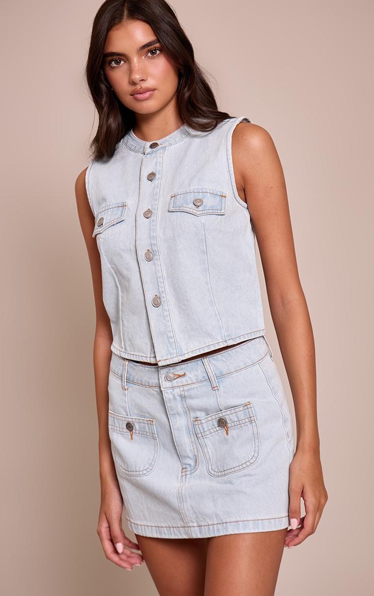Light Blue Mid Rise Denim Mini Skirt Product Image