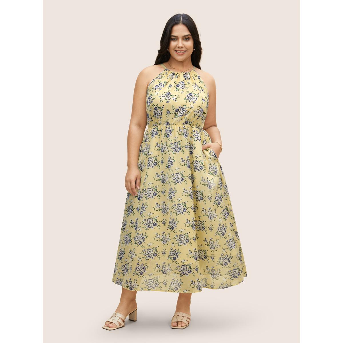 Plus Size Halter Neck Floral Elastic Waist Dress Lightyellow Women Elegant Halter neck Sleeveless Curvy BloomChic 12/L Product Image