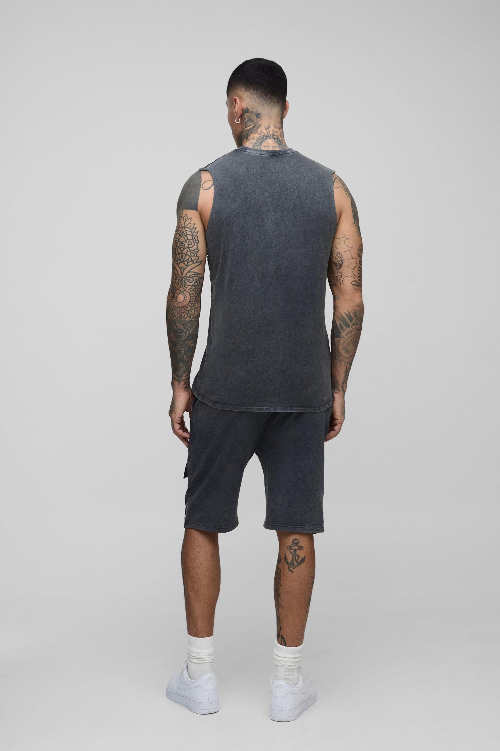 Tall Loose Fit Cargo Acid Wash Sweat Shorts | boohooMAN USA Product Image