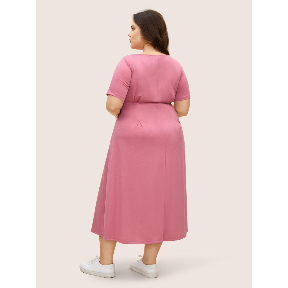 Plus Size Solid Crew Neck Plicated Detail Dress Beanpastepowder Women Casual Pleated Round Neck Short sleeve Curvy BloomChic 14-16/1X Product Image