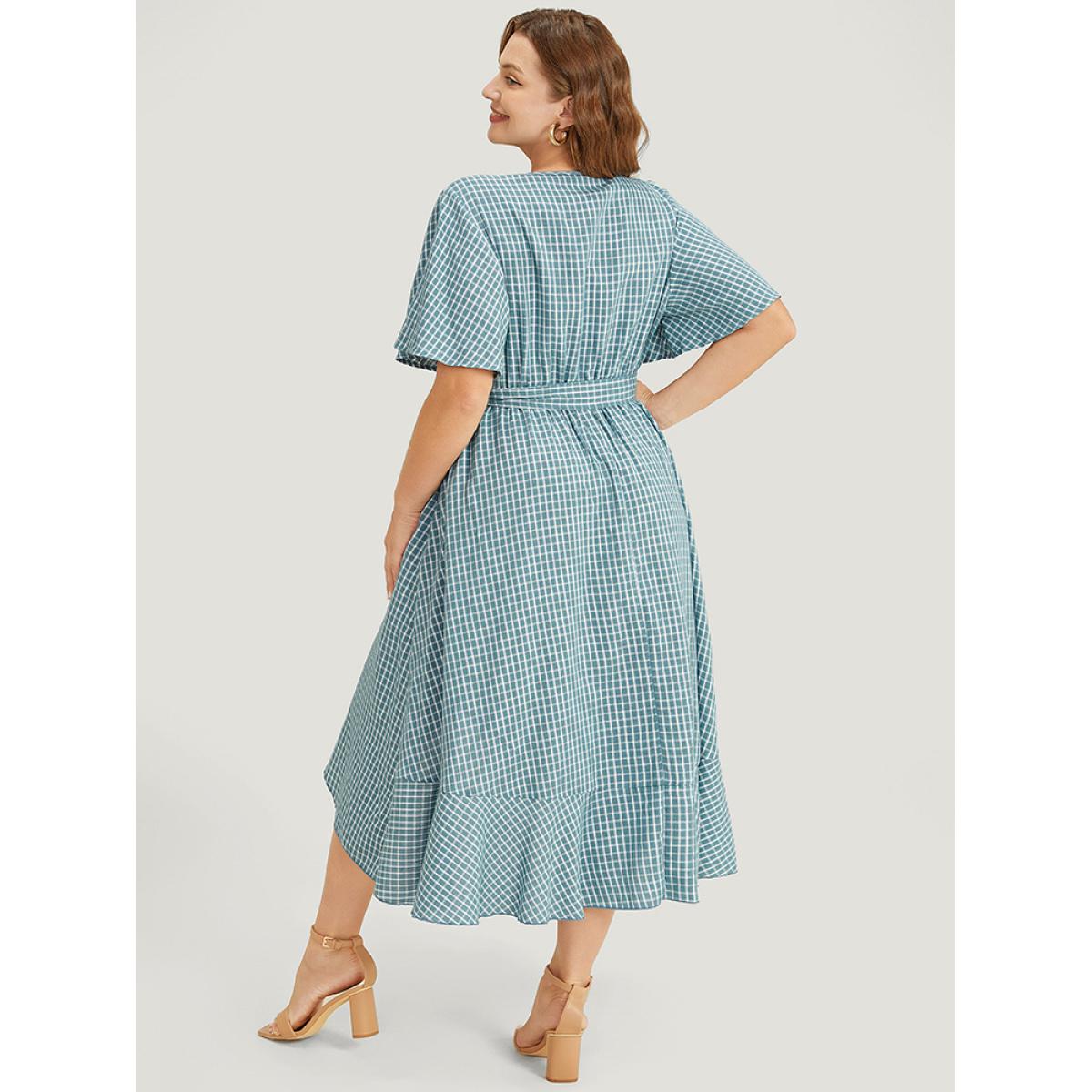Plus Size Gingham Pocket Belted Ruffle Trim Surplice Neck Dress Cerulean Women Office Wrap V-neck Short sleeve Curvy Midi Dress BloomChic 30/6X Product Image