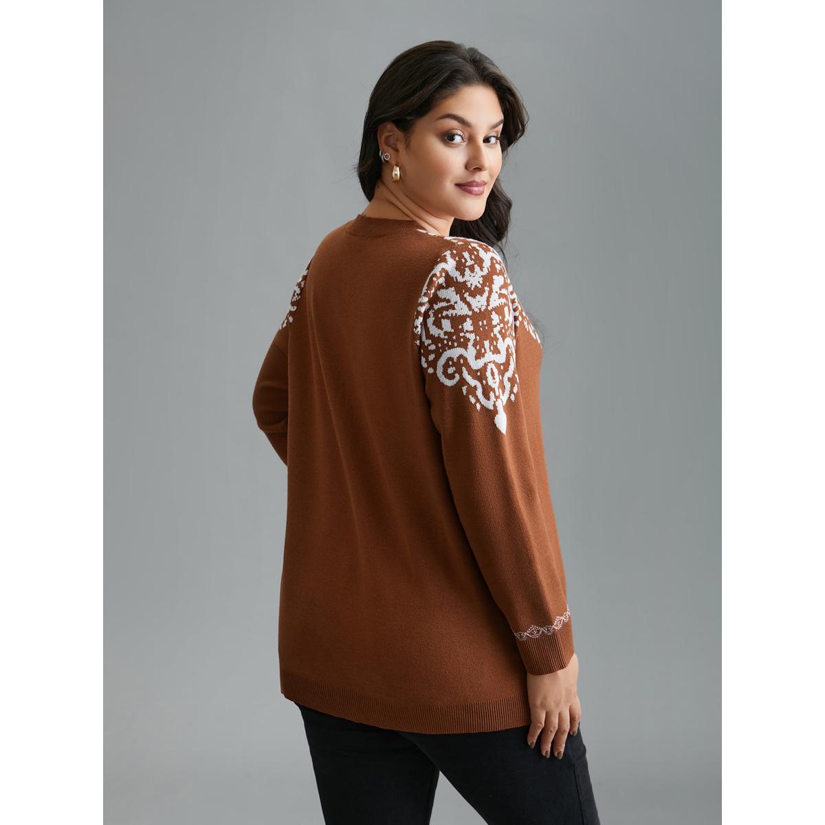 Plus Size Bandana Jacquard Pattern Round Neck Pullover Browncoffeecolor Women Casual Loose Long Sleeve Round Neck Everyday Pullovers BloomChic 28/5X Product Image