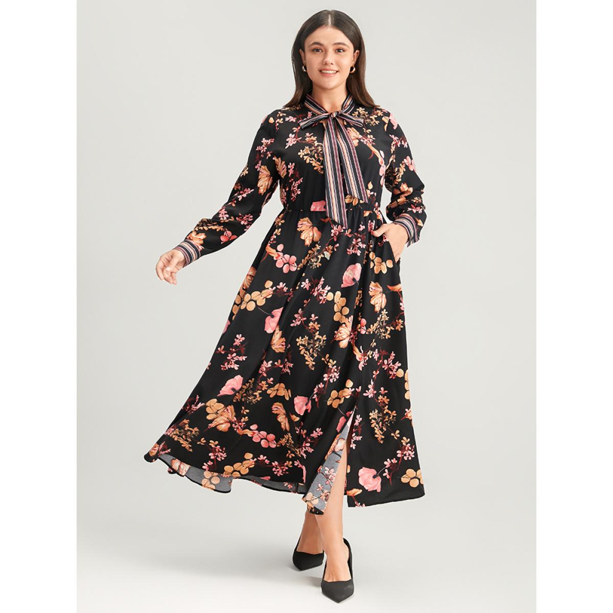 Plus Size Floral Keyhole Pocket Knotted Neck Split Dress Black Women Elegant Knotted Tie Neck Long Sleeve Curvy Long Dress BloomChic 14-16/1X Product Image