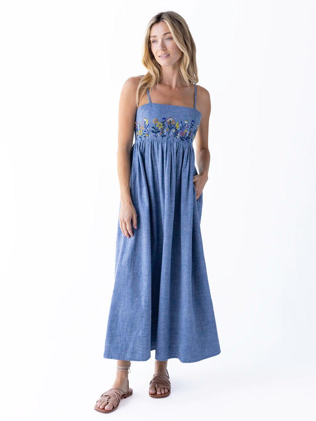 Bailey Embroidered Maxi Dress - Denim Floral Product Image