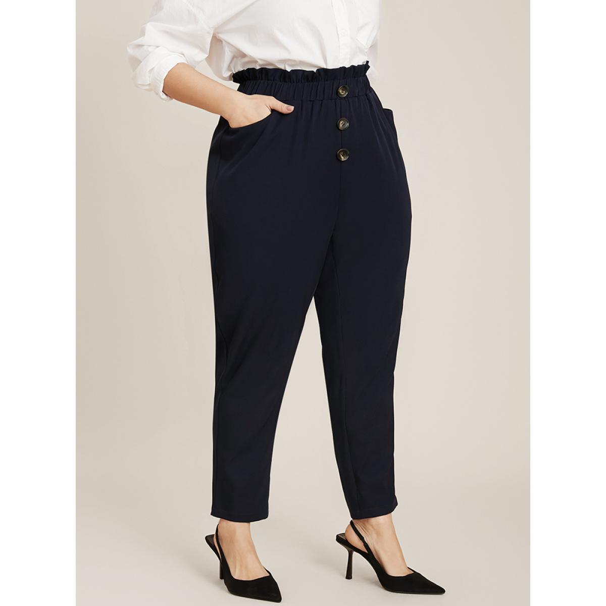 Plus Size Solid Paperbag Waist Button Detail Pocket Pants Women Indigo Casual Mid Rise Dailywear Pants BloomChic 18-20/2X Product Image