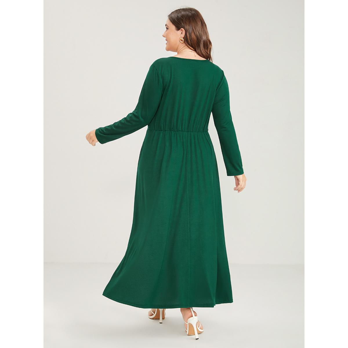 Plus Size Solid Deep V Neck Gathered Pocket Split Maxi Dress Green Women Elegant Pocket Deep V-neck Long Sleeve Curvy Long Dress BloomChic 14-16/1X Product Image