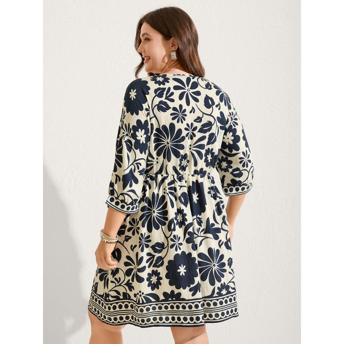 Plus Size Floral Waist-Drawstring Tassel Midi Dress Navy Women Boho V-neck Elbow-length sleeve Curvy BloomChic 18-20/2X Product Image