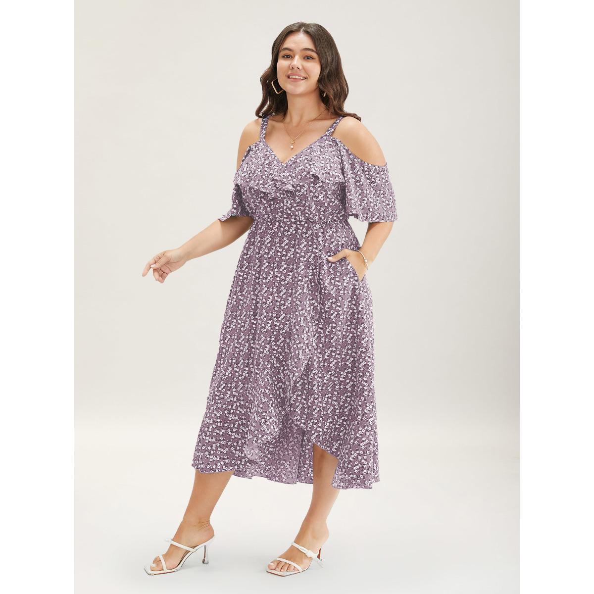Plus Size Ditsy Floral Pocket Wrap Cold Shoulder Ruffle Dress Mauve Women Romantic Non Overlap Collar Short sleeve Curvy Midi Dress BloomChic 30/6X Product Image